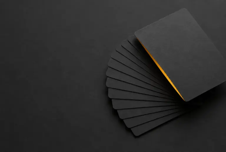 A fan of blank dark cards with one lifted to show an amber edge