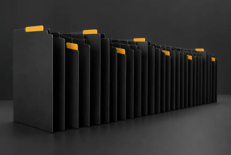 A long row of dark file folders with amber tabs