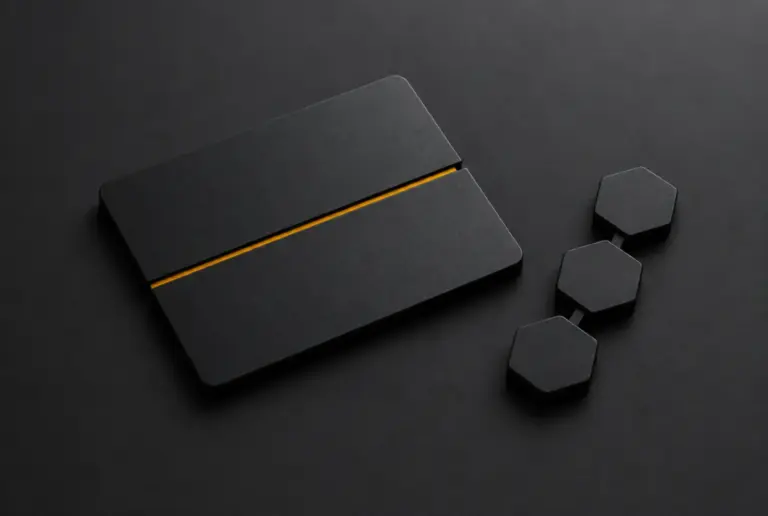 A split black card shape beside three hexagonal tokens