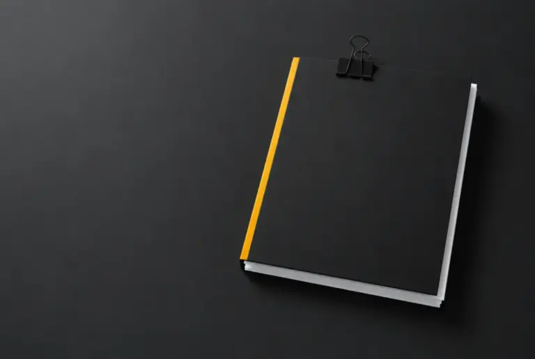 A closed dark folder held shut by a binder clip