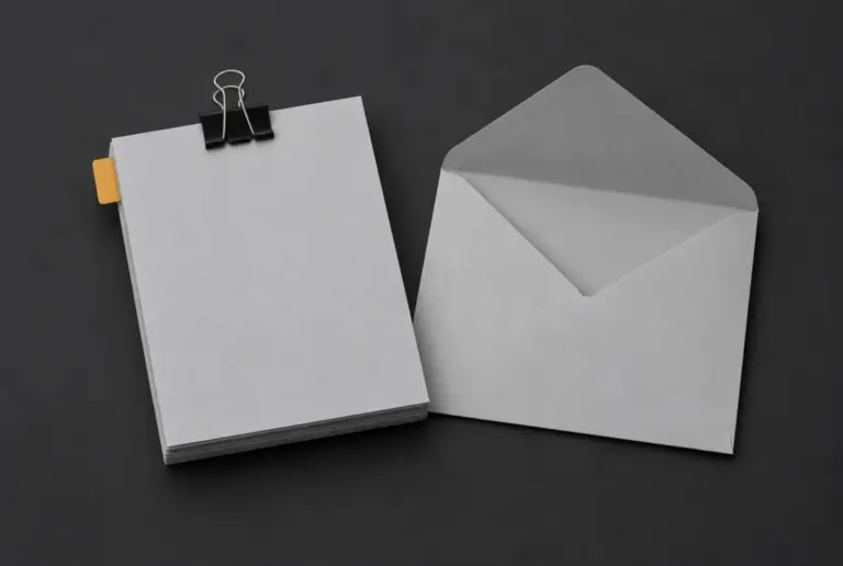 A clipped packet of blank papers beside an open envelope