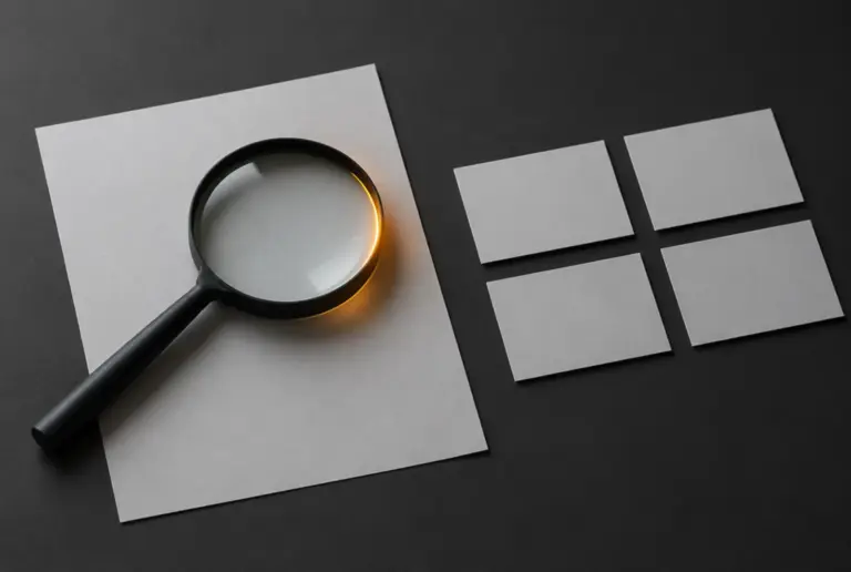 A magnifying lens on a blank sheet beside a grid of cards