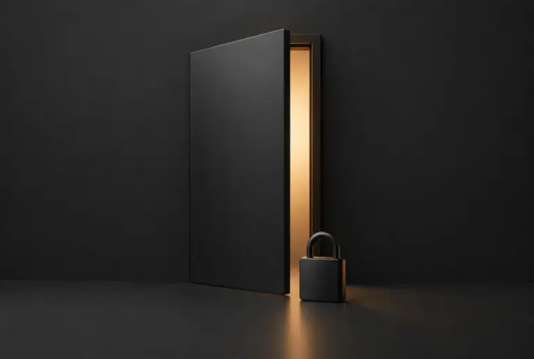 A dark door slightly open with warm light and a small padlock